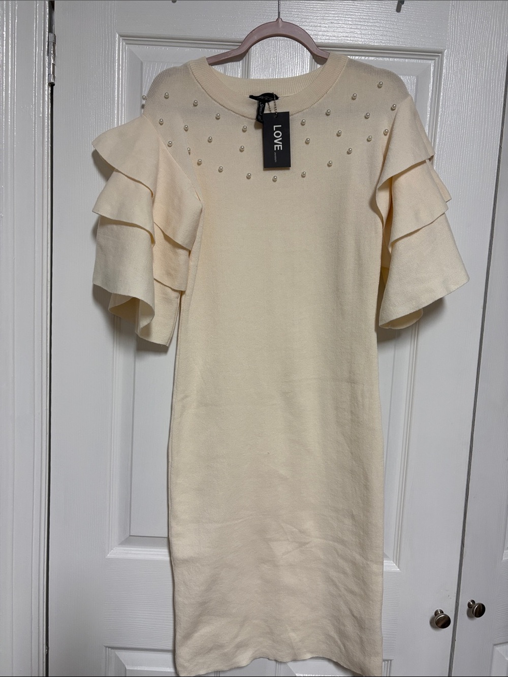 LOVE Cream Knit Midi Dress with Layered Ruffle Sleeves